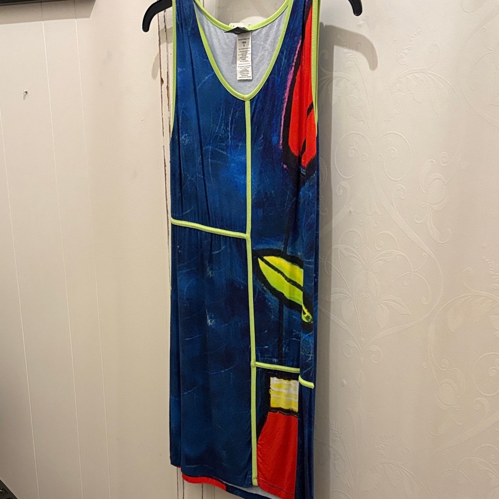 Dolcezza Sleeveless Blue Abstract Print Dress with Neon Trim NWT S Canada